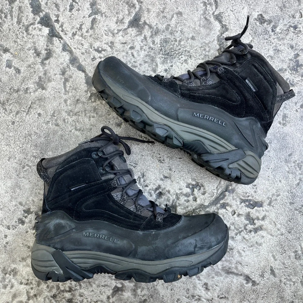 Merrell Mens Ice Jam Waterproof Black Suede Winter Hiking Boots J15031 Size 10.5